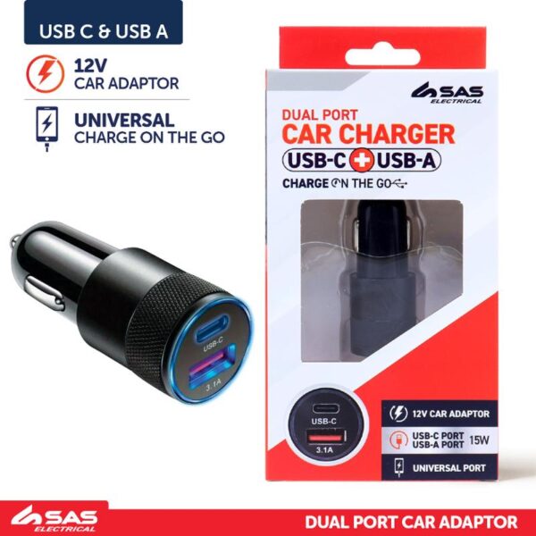 Charger Dual Port Car USB A USB C Black 12PK